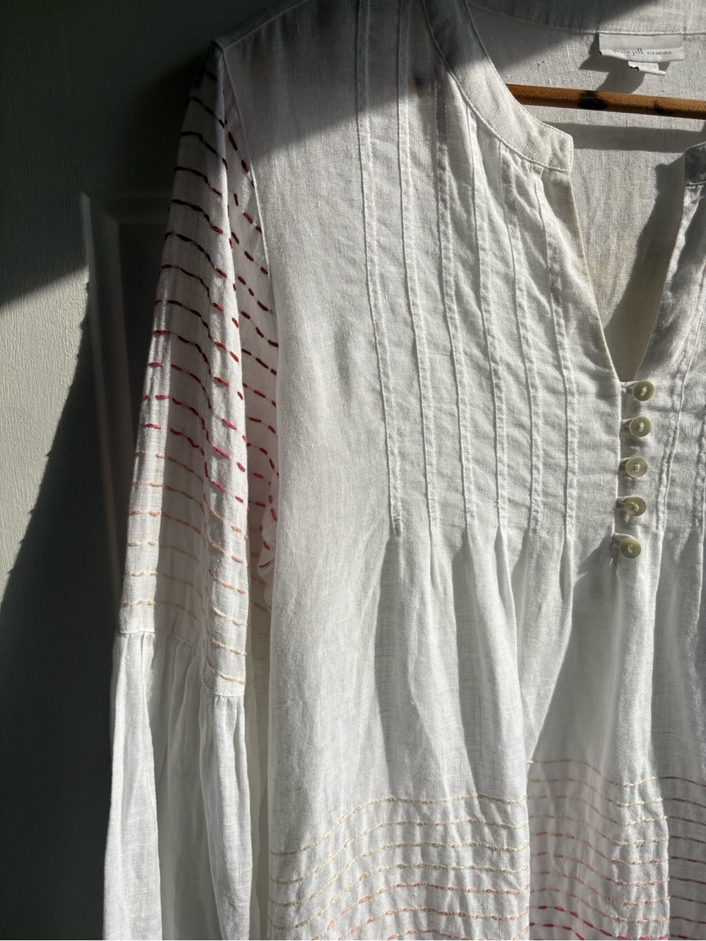 Pure Jill Elements Women’s M White Linen Long Sleeve Top with Cotton Embroidery
